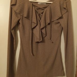 M Dressfo Womens long Sleeveless Taupe V Neck lace up  Shirt Top Blouse size 6